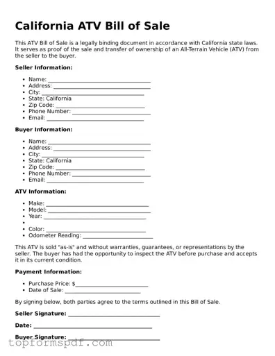 Blank California ATV Bill of Sale Template