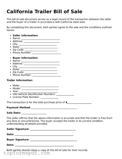 Blank California Trailer Bill of Sale Template
