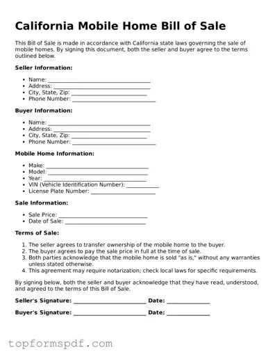 Blank California Mobile Home Bill of Sale Template