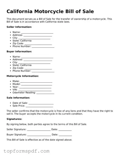 Blank California Motorcycle Bill of Sale Template