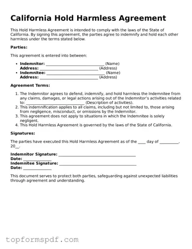 Blank California Hold Harmless Agreement Template