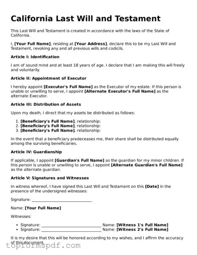 Blank California Last Will and Testament Template
