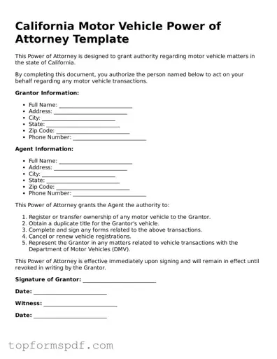 Blank California Motor Vehicle Power of Attorney Template