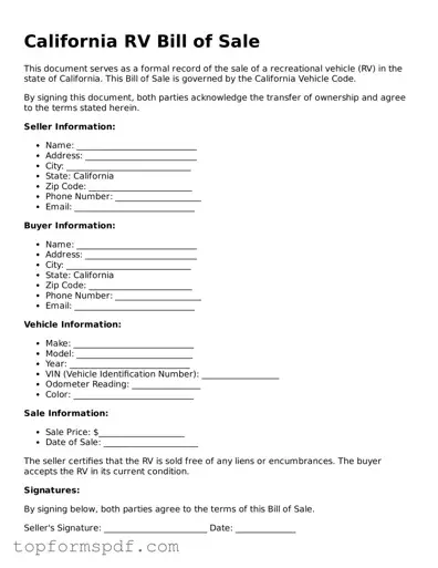 Blank California RV Bill of Sale Template