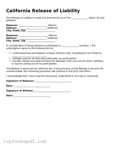 Blank California Release of Liability Template