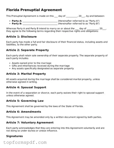 Blank Florida Prenuptial Agreement Template