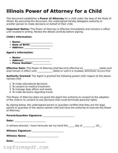 Blank Illinois Power of Attorney for a Child Template