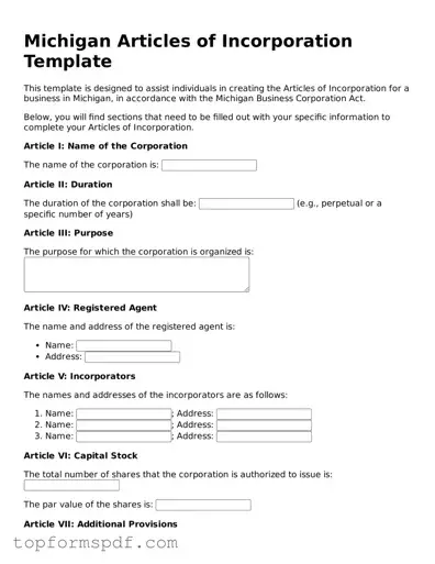 Blank Michigan Articles of Incorporation Template
