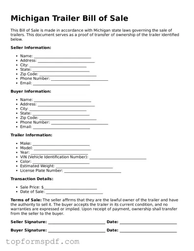 Blank Michigan Trailer Bill of Sale Template