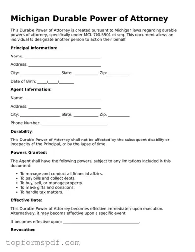 Blank Michigan Durable Power of Attorney Template