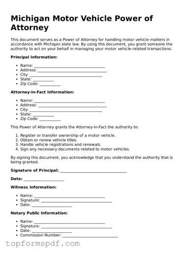 Blank Michigan Motor Vehicle Power of Attorney Template