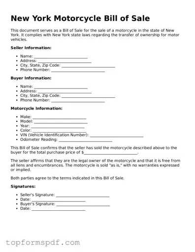 Blank New York Motorcycle Bill of Sale Template