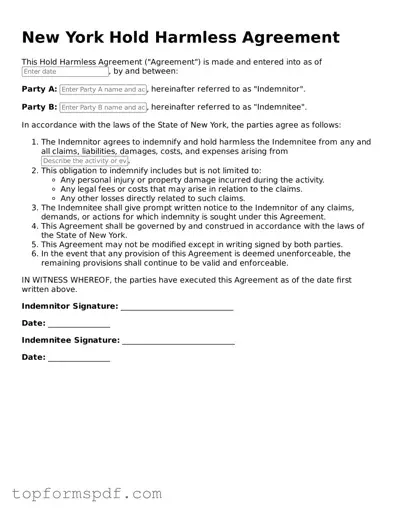 Blank New York Hold Harmless Agreement Template