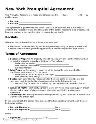Blank New York Prenuptial Agreement Template