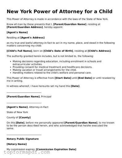 Blank New York Power of Attorney for a Child Template