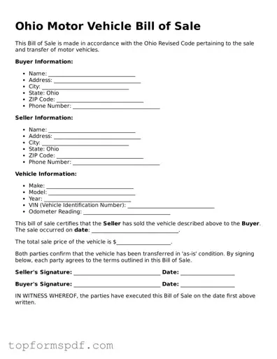 Blank Ohio Motor Vehicle Bill of Sale Template