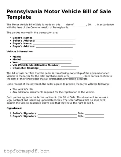 Blank Pennsylvania Motor Vehicle Bill of Sale Template