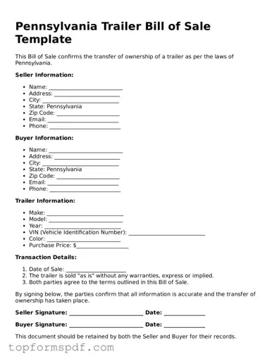 Blank Pennsylvania Trailer Bill of Sale Template