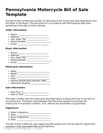 Blank Pennsylvania Motorcycle Bill of Sale Template