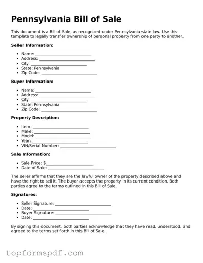 Blank Pennsylvania Bill of Sale Template