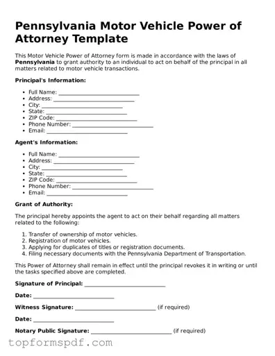 Blank Pennsylvania Motor Vehicle Power of Attorney Template