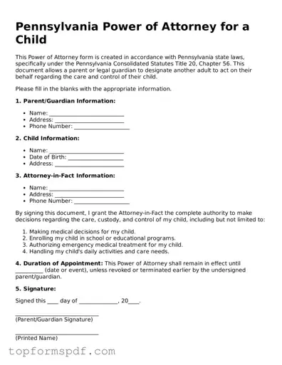 Blank Pennsylvania Power of Attorney for a Child Template