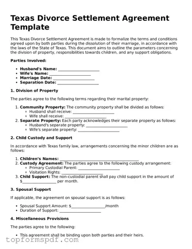 Blank Texas Divorce Settlement Agreement Template