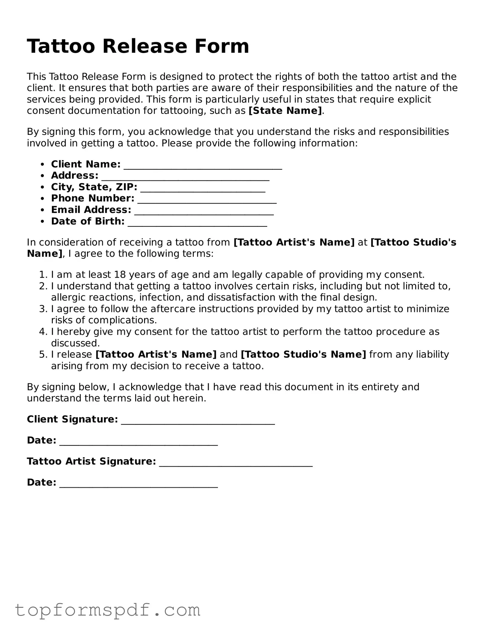 Legal Tattoo Release Form