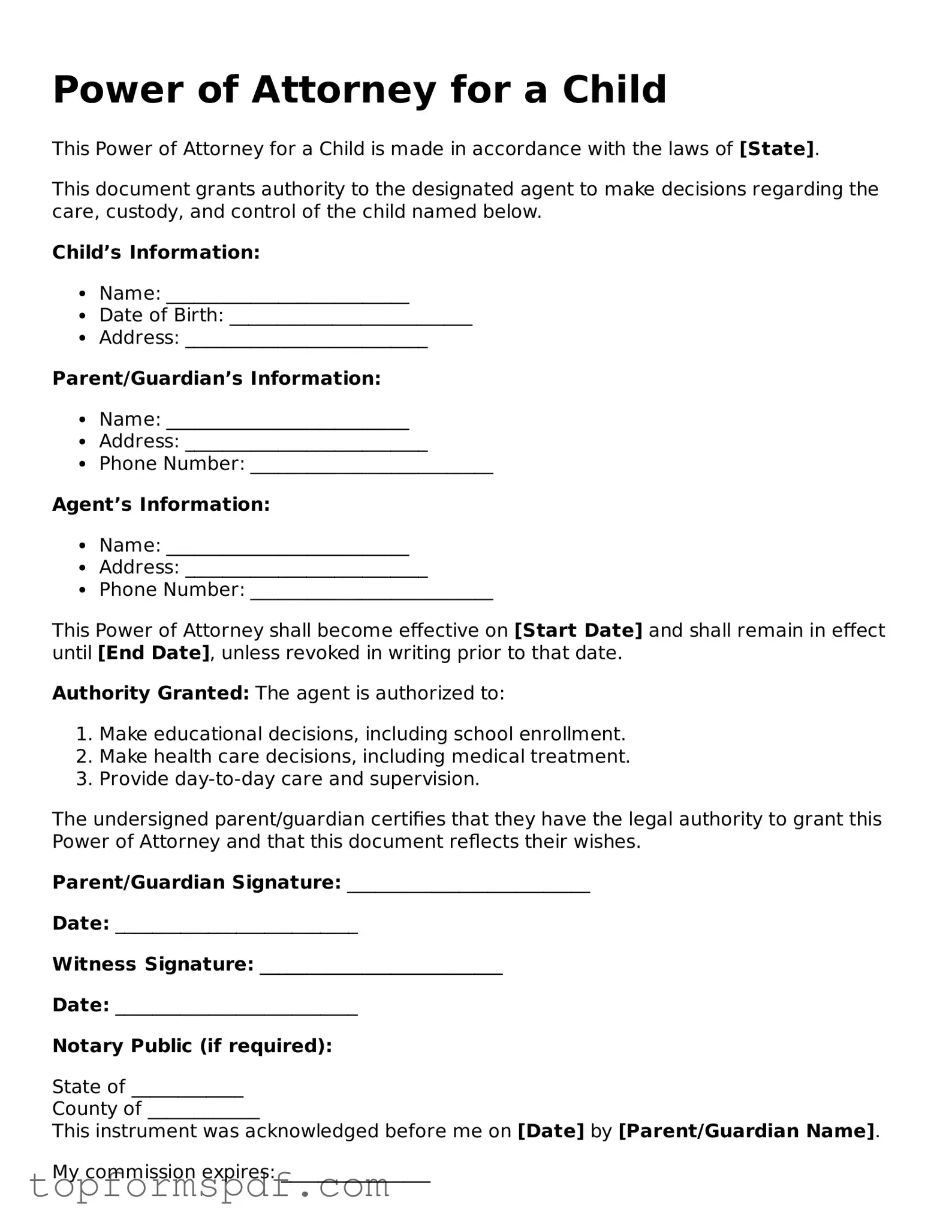 Legal Power of Attorney for a Child Form
