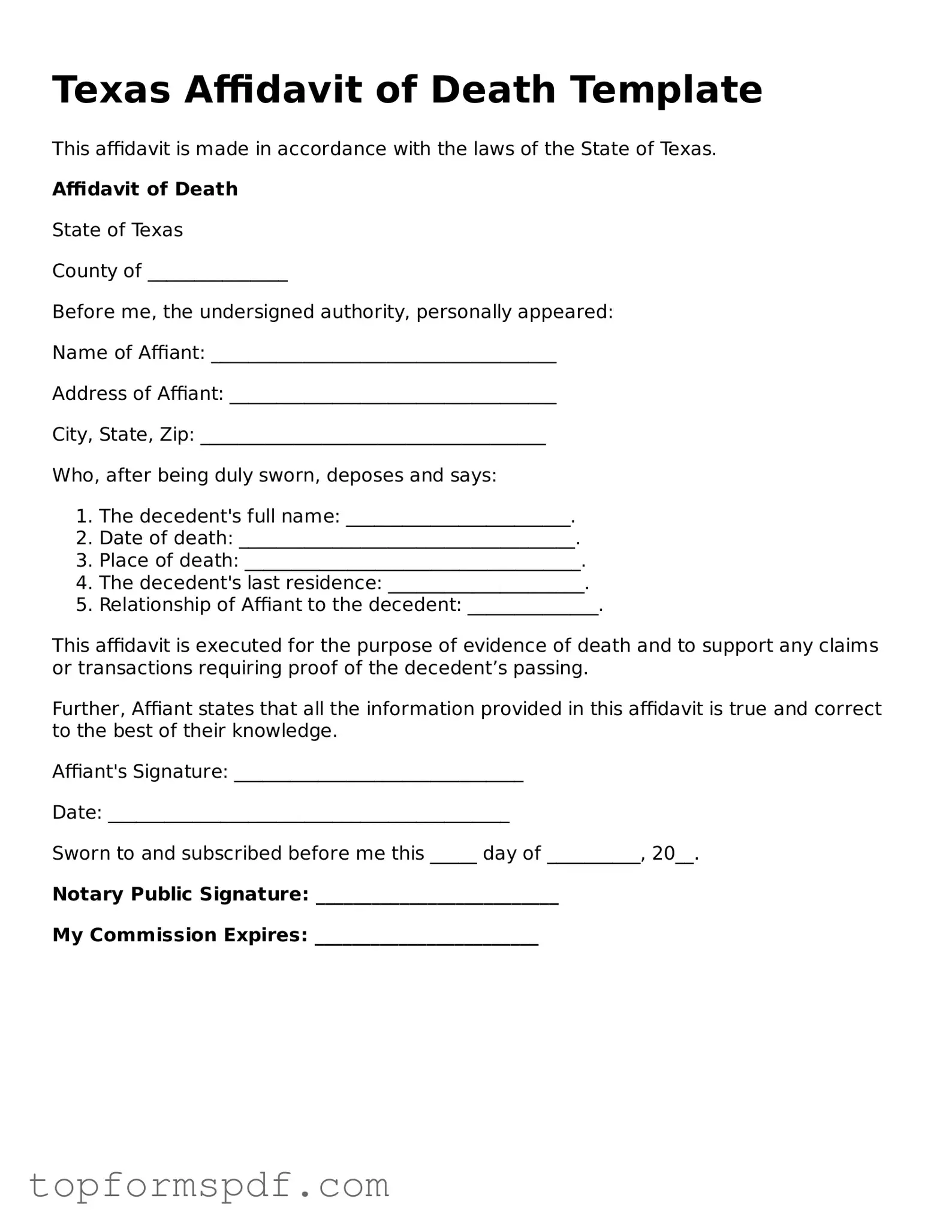 Blank Texas Affidavit of Death Template