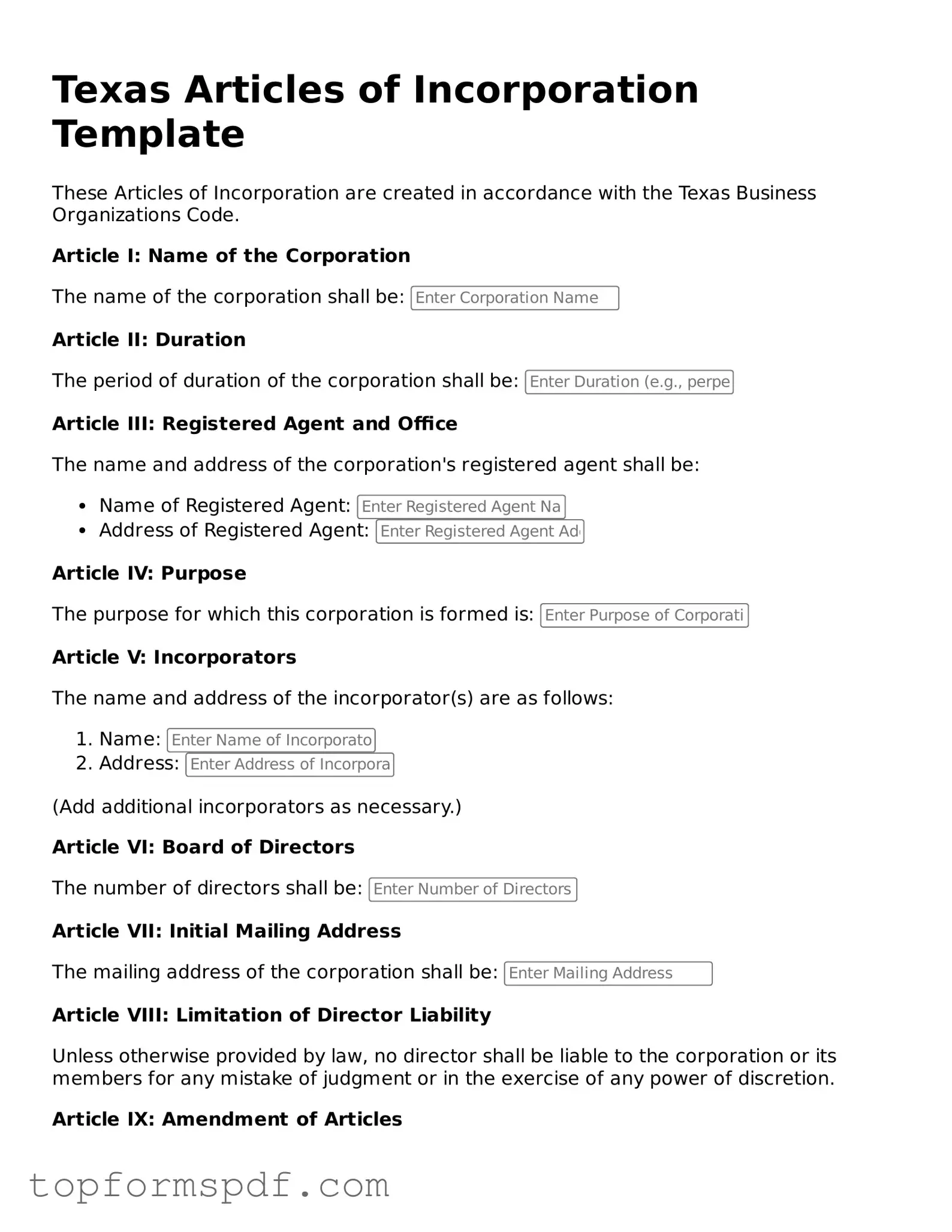 Blank Texas Articles of Incorporation Template