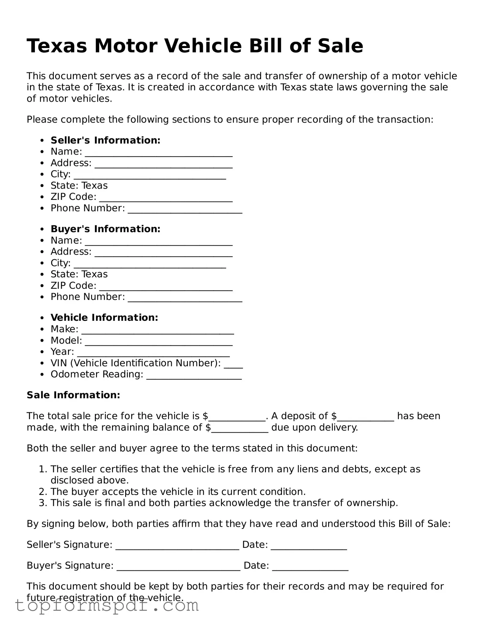 Blank Texas Motor Vehicle Bill of Sale Template