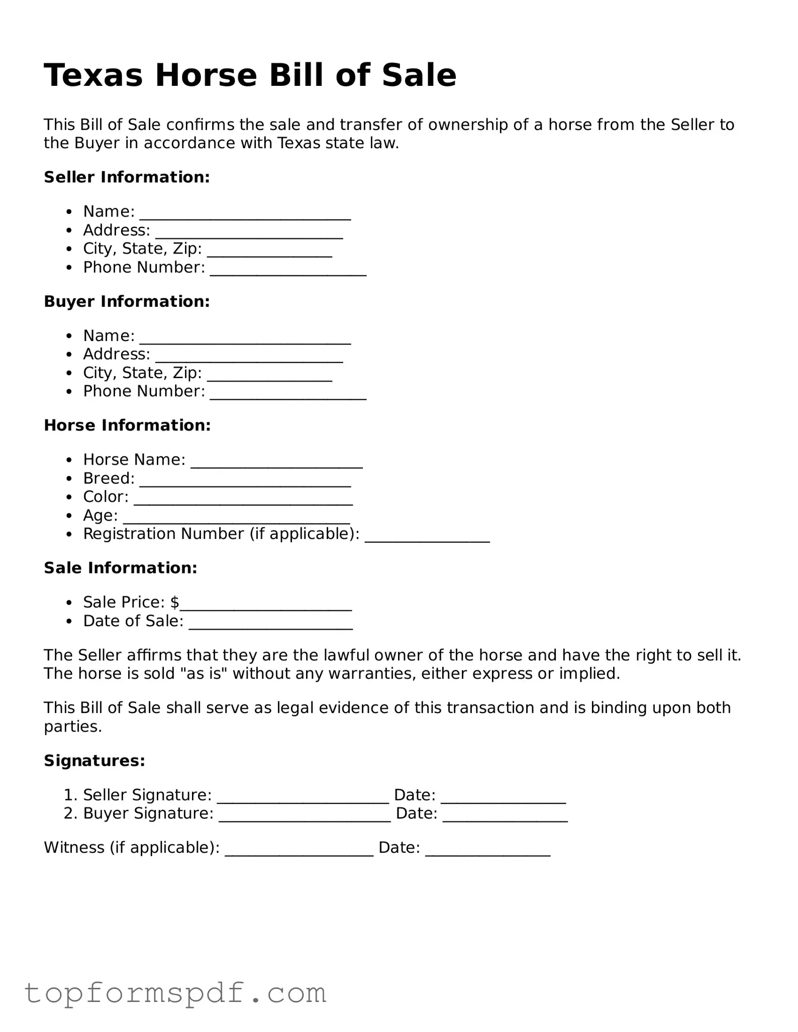 Blank Texas Horse Bill of Sale Template