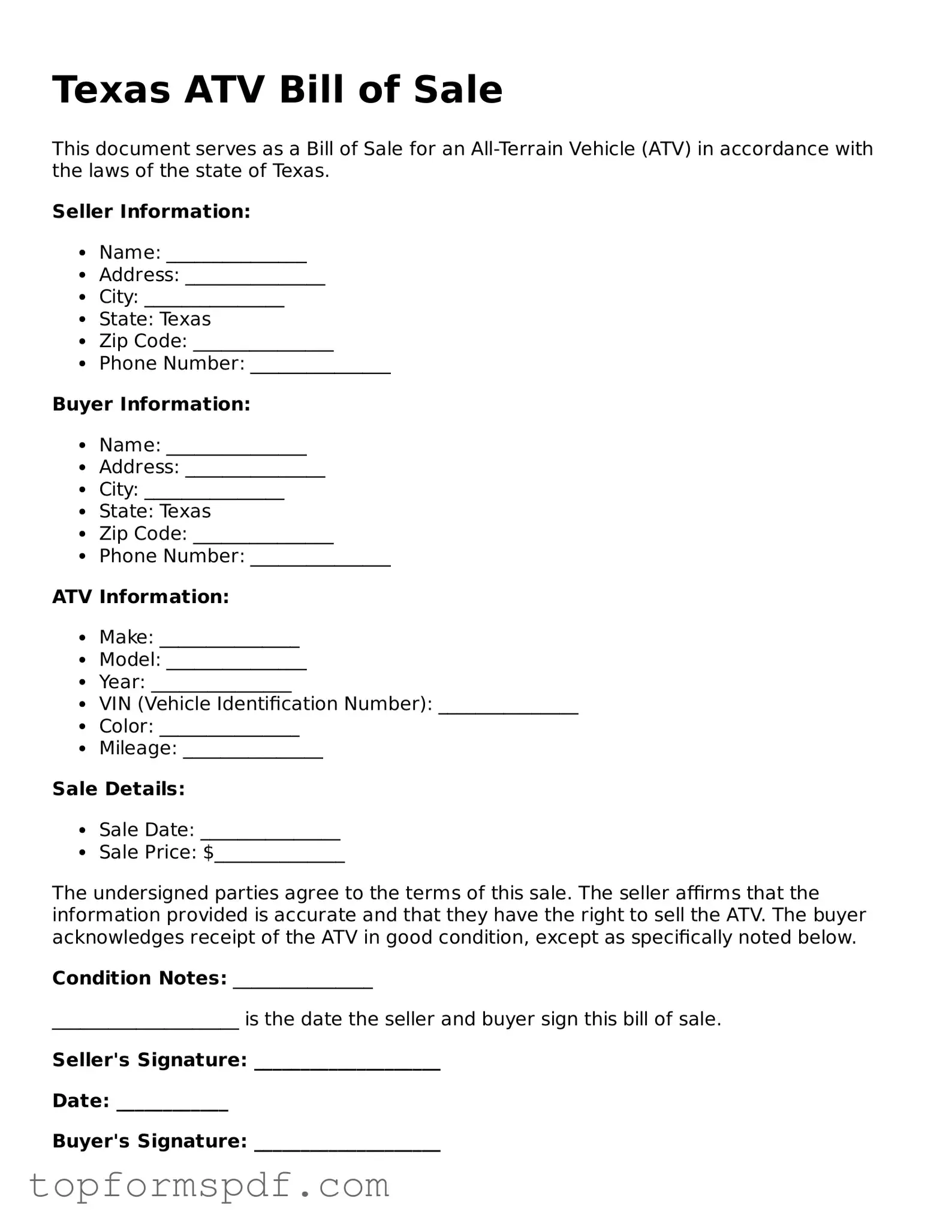Blank Texas ATV Bill of Sale Template