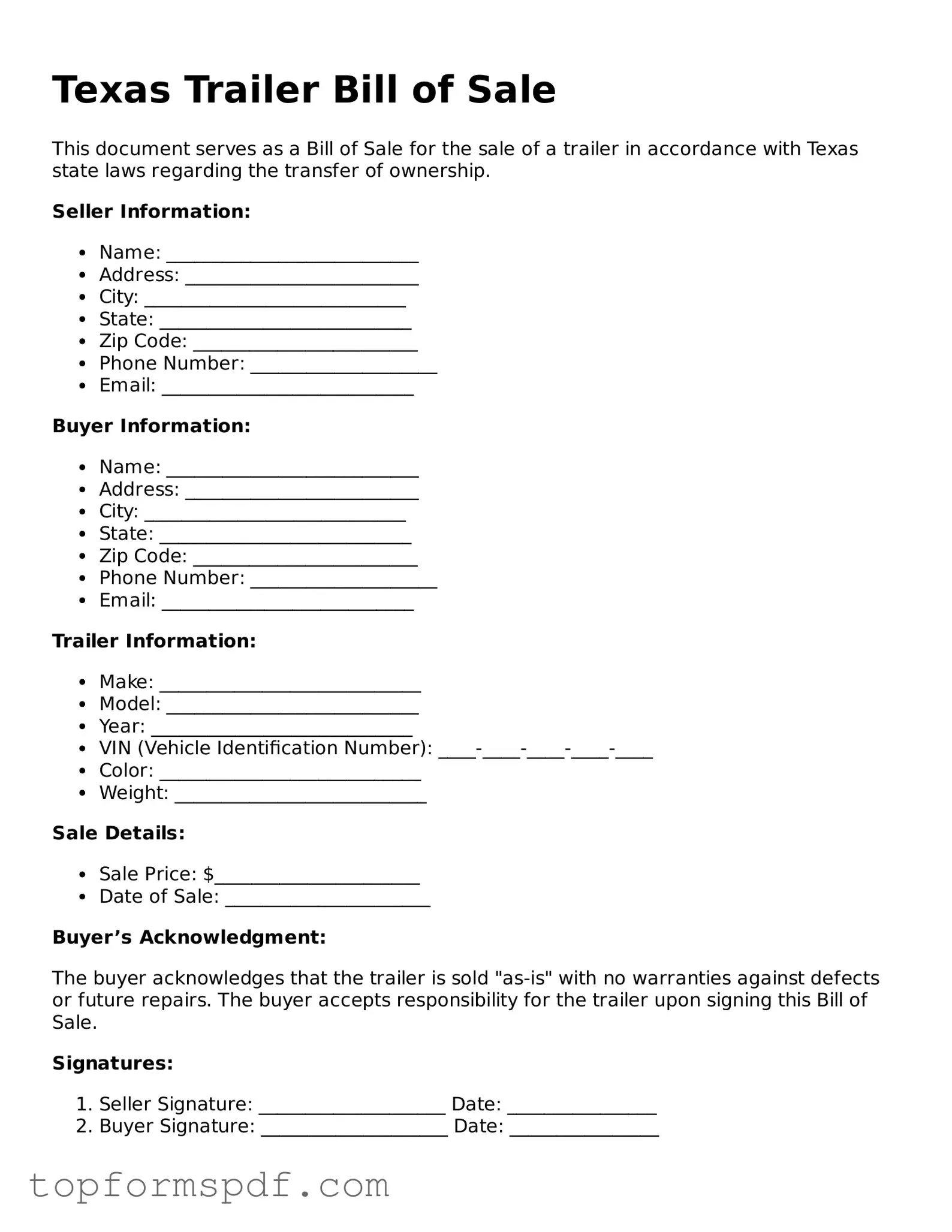 Blank Texas Trailer Bill of Sale Template