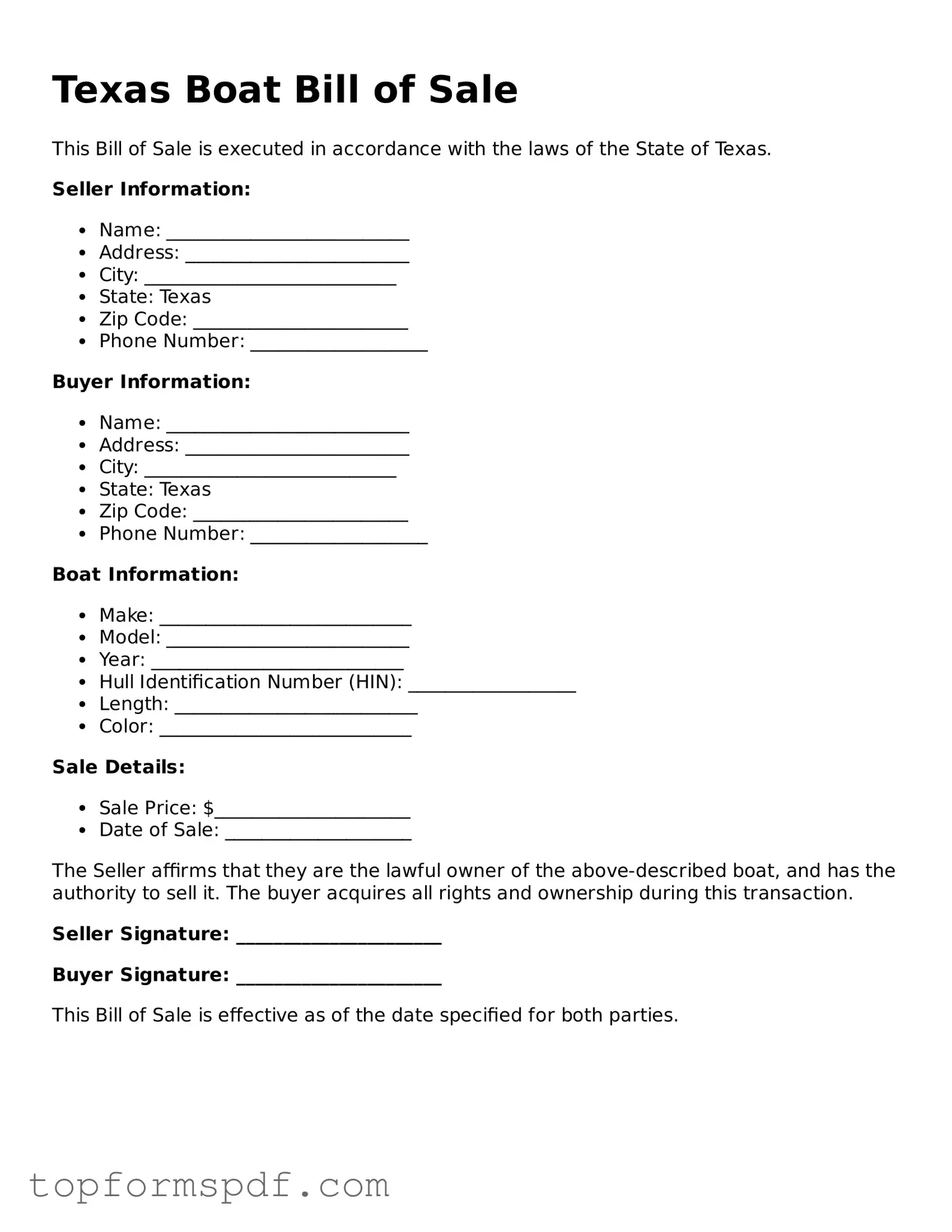 Blank Texas Boat Bill of Sale Template