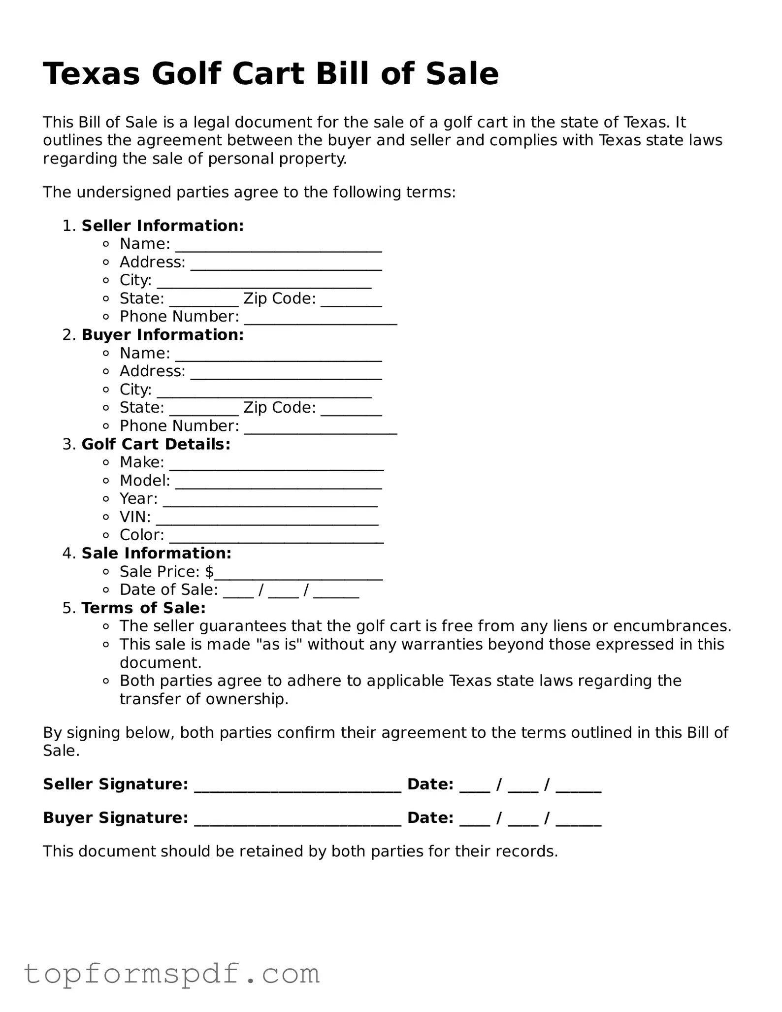 Blank Texas Golf Cart Bill of Sale Template