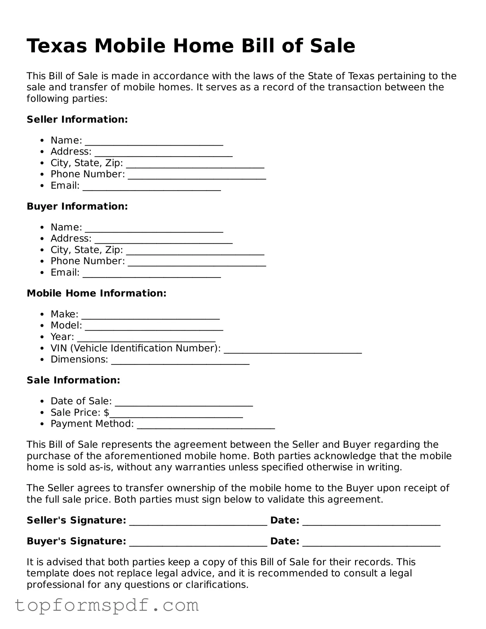 Blank Texas Mobile Home Bill of Sale Template
