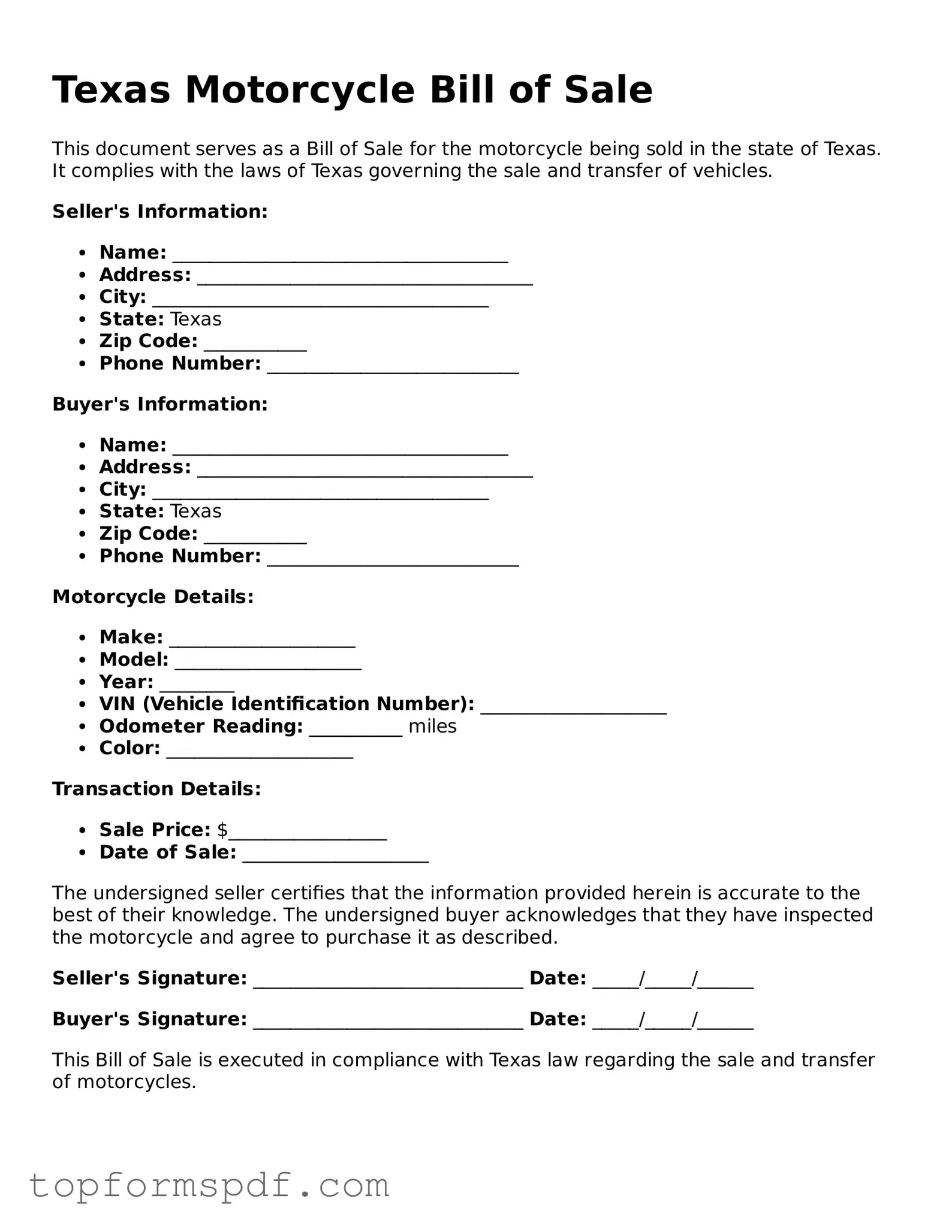 Blank Texas Motorcycle Bill of Sale Template