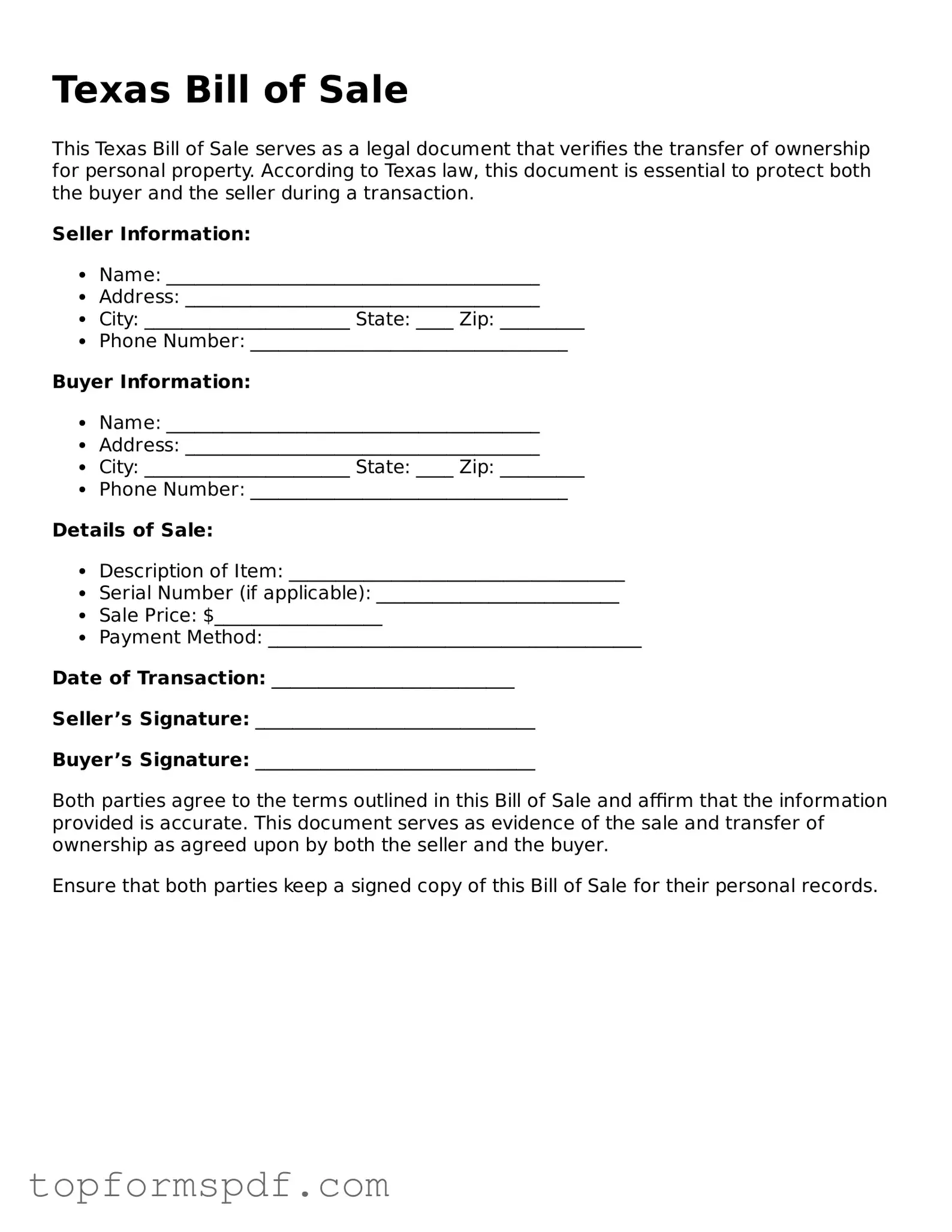Blank Texas Bill of Sale Template
