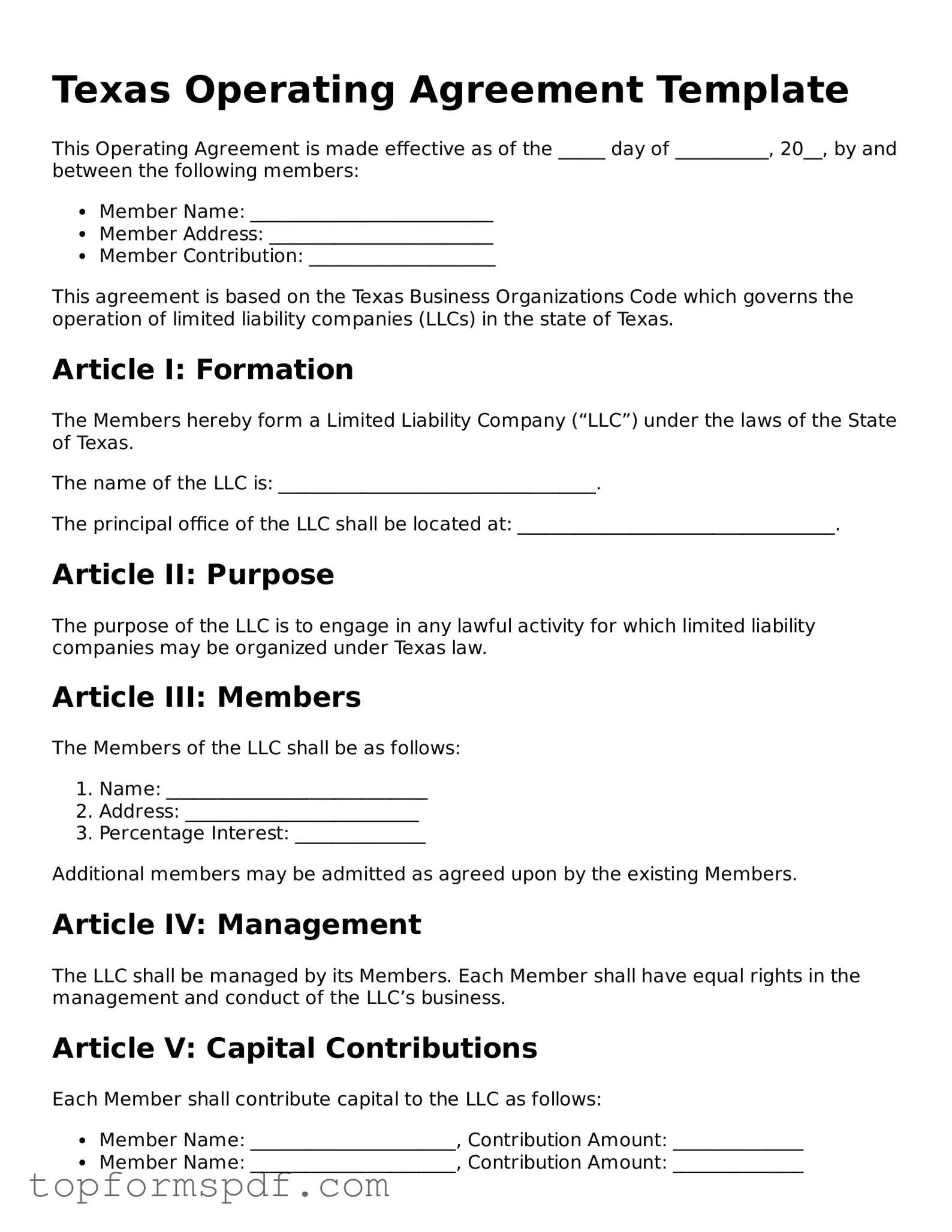 Blank Texas Operating Agreement Template