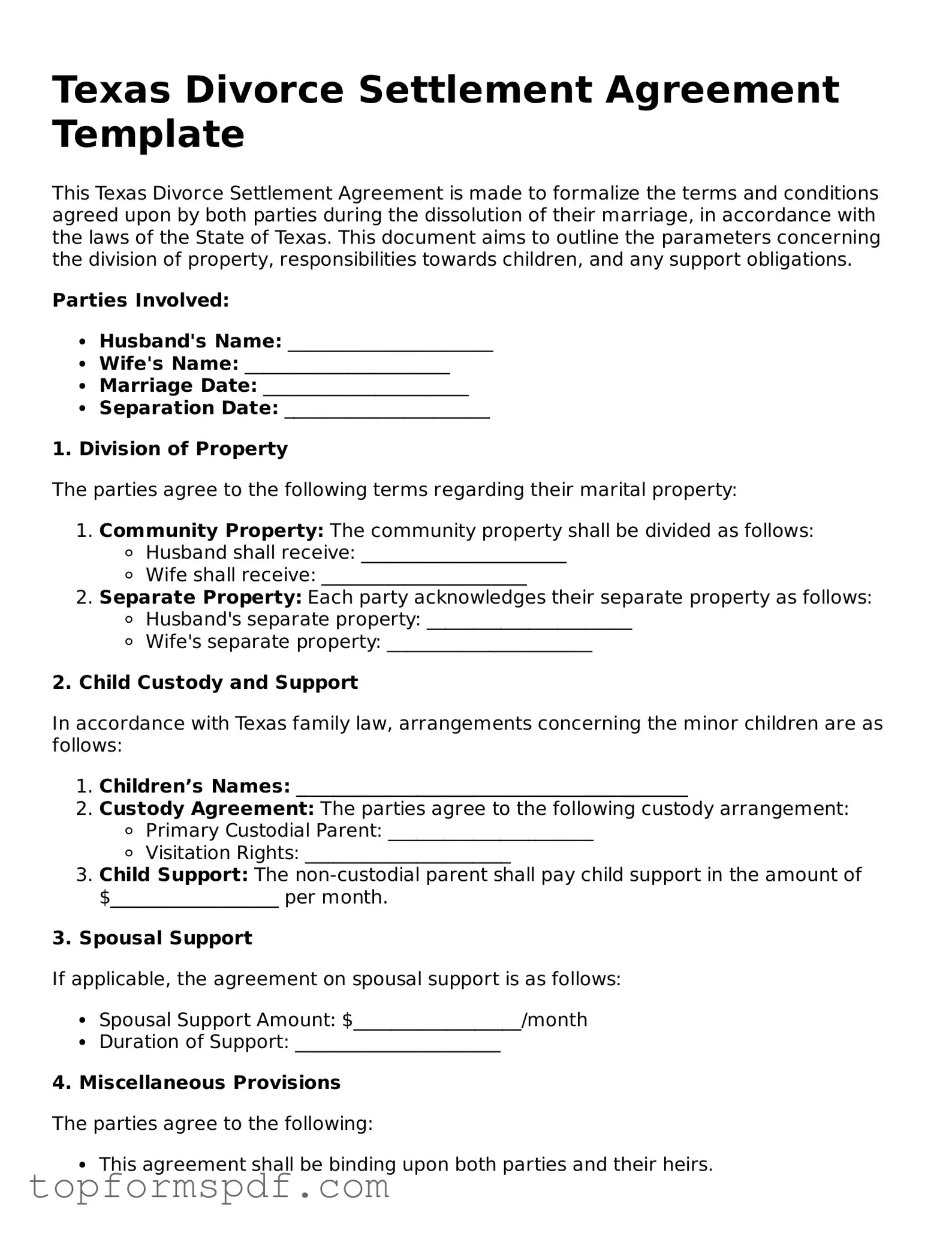 Blank Texas Divorce Settlement Agreement Template