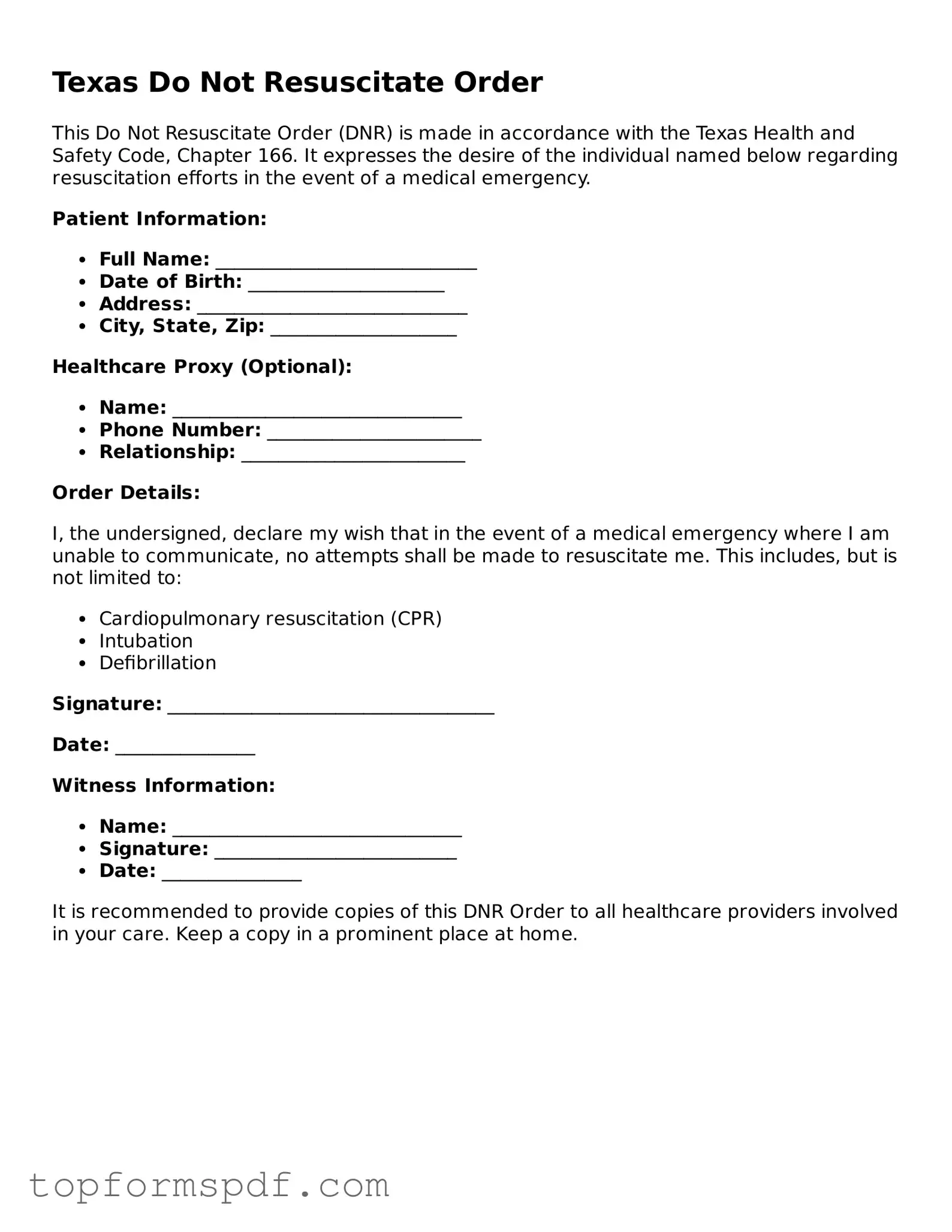 Blank Texas Do Not Resuscitate Order Template