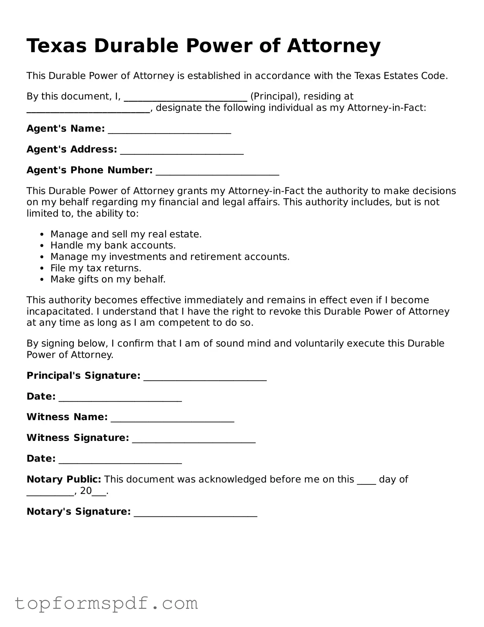 Blank Texas Durable Power of Attorney Template