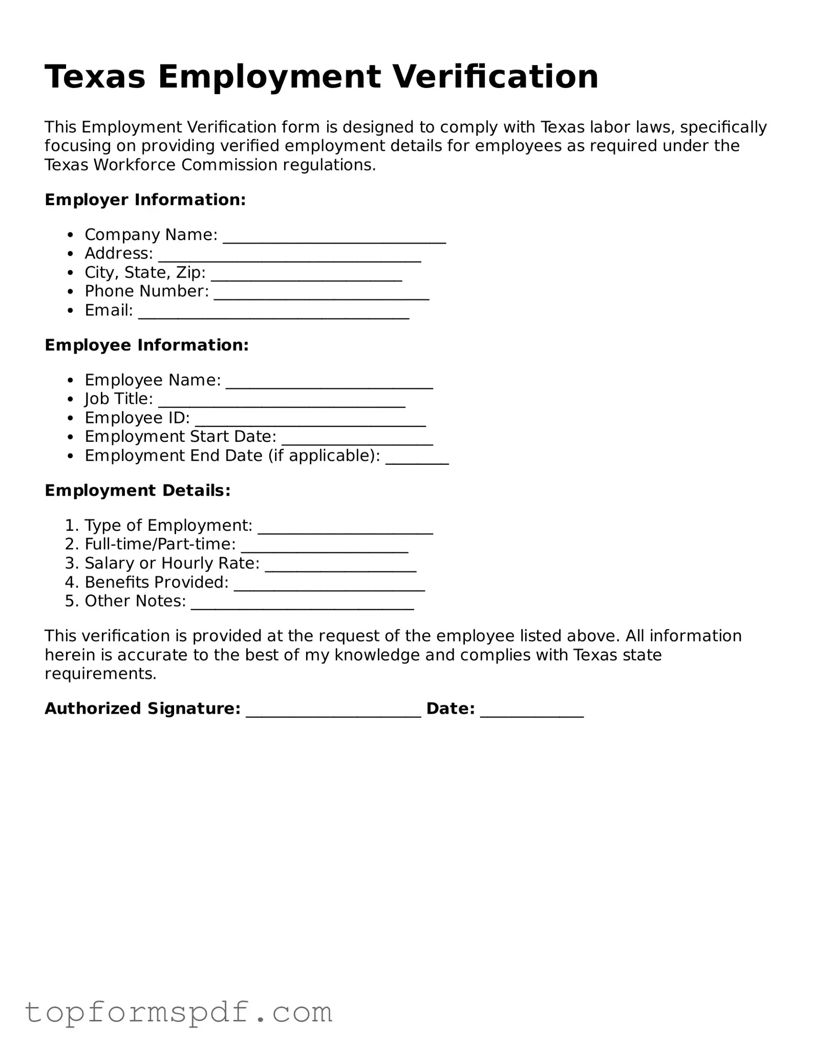 Blank Texas Employment Verification Template