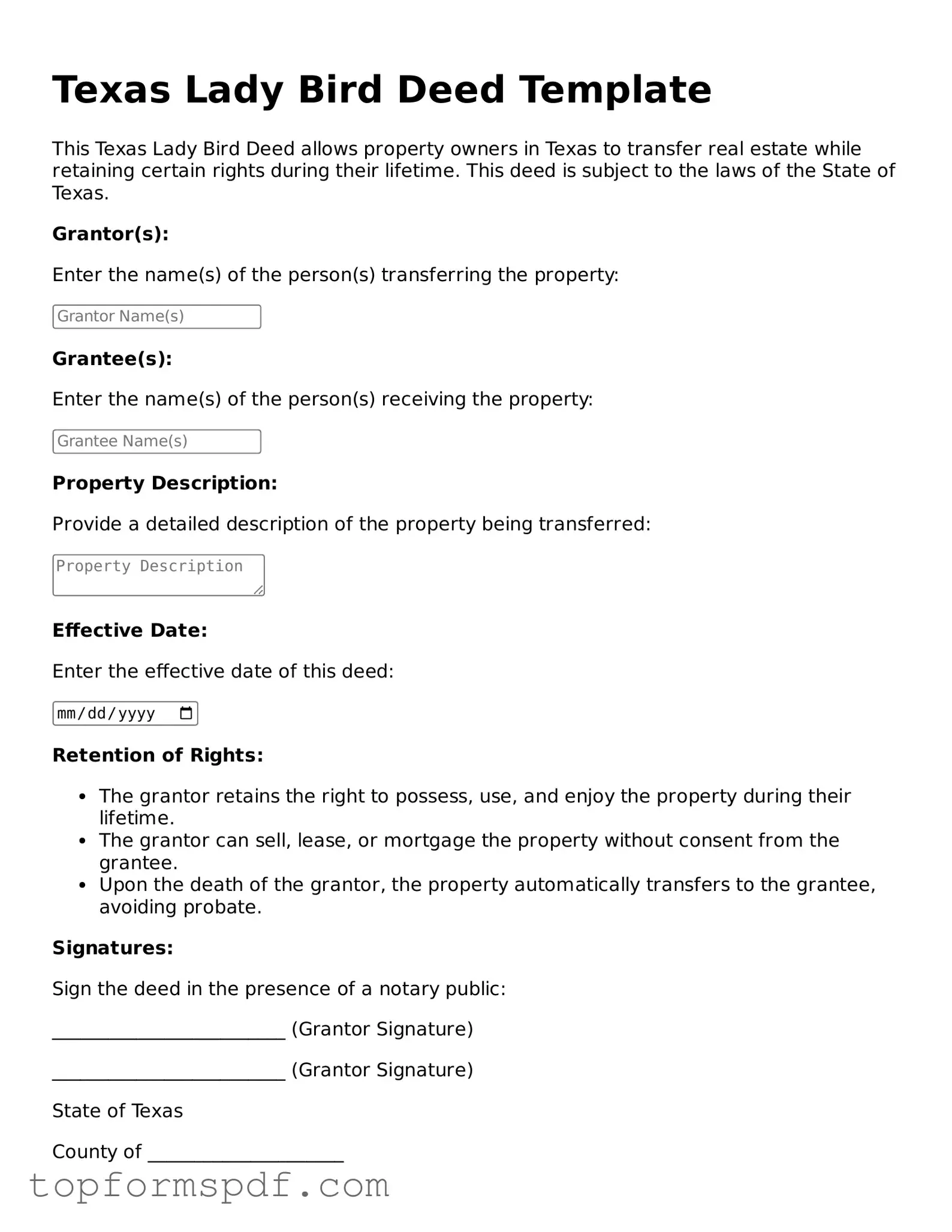 Blank Texas Lady Bird Deed Template