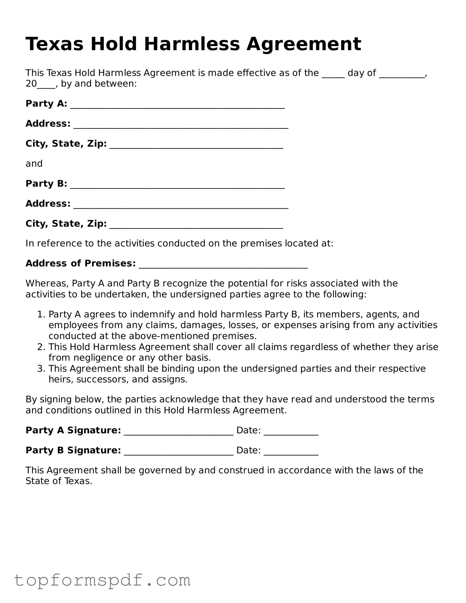Blank Texas Hold Harmless Agreement Template