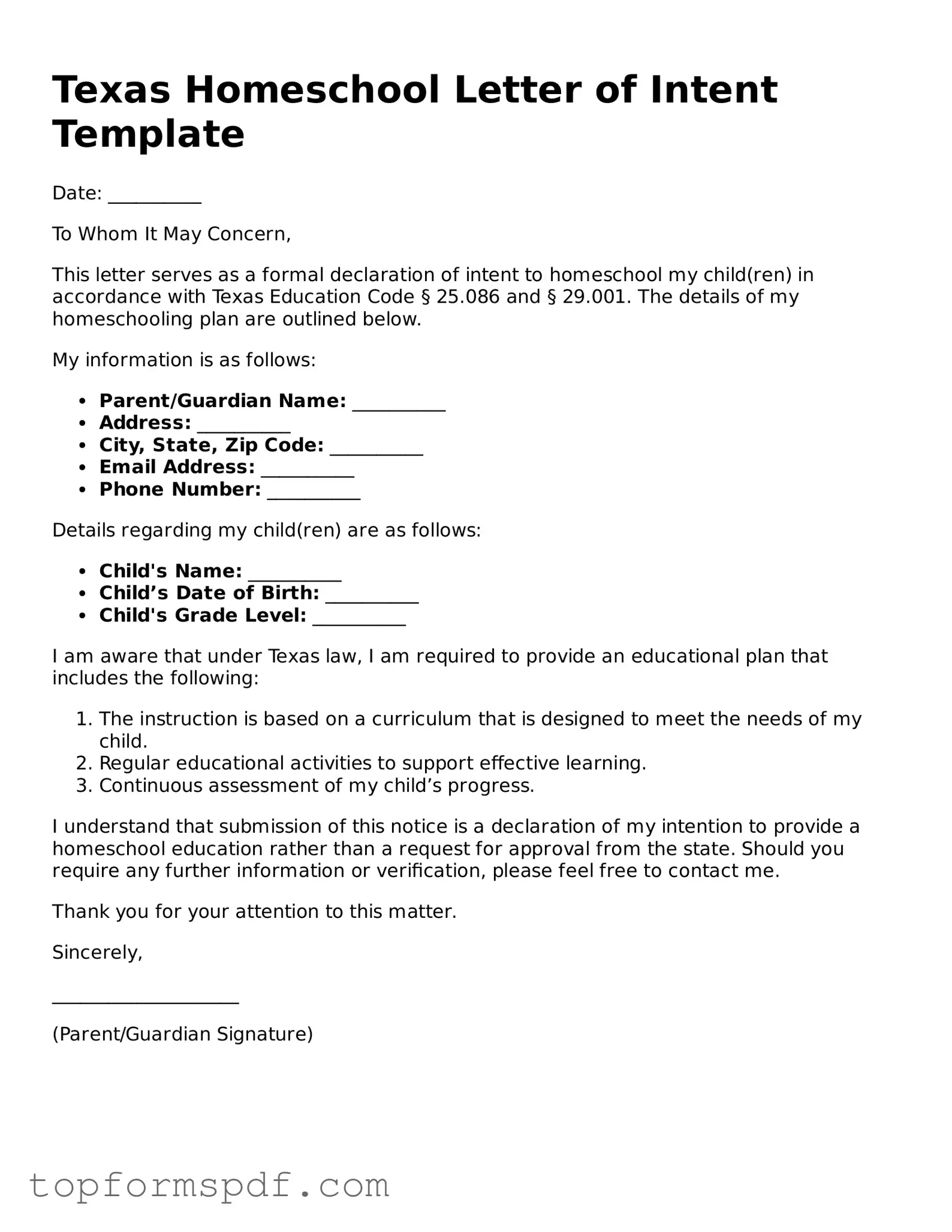 Blank Texas Homeschool Letter of Intent Template