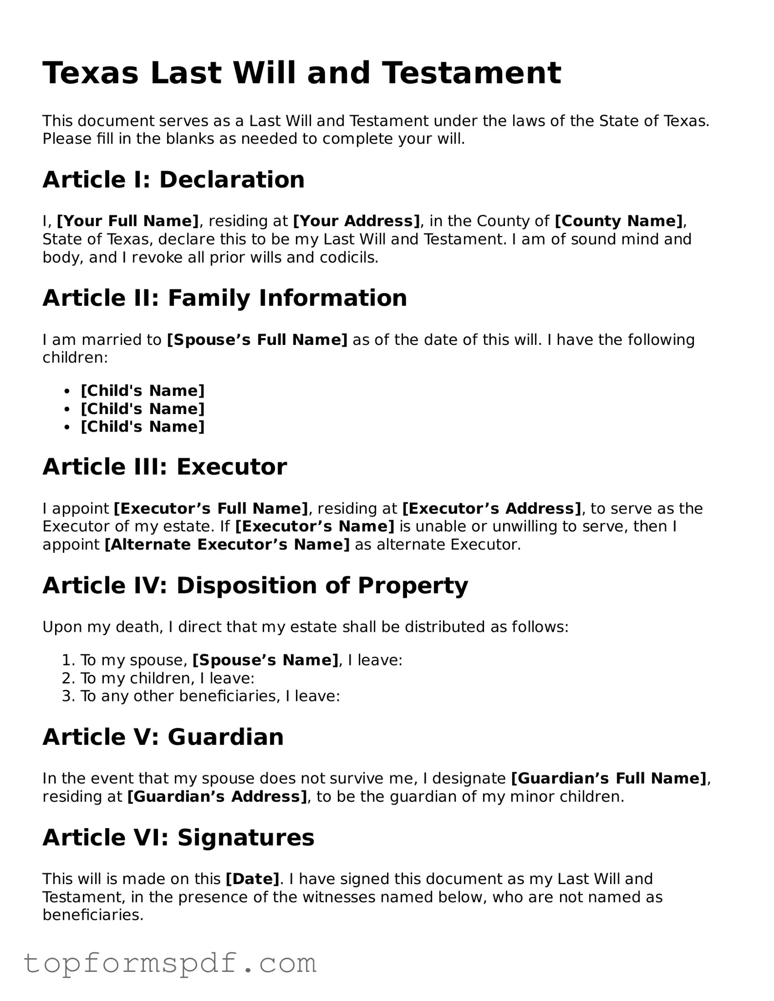 Blank Texas Last Will and Testament Template