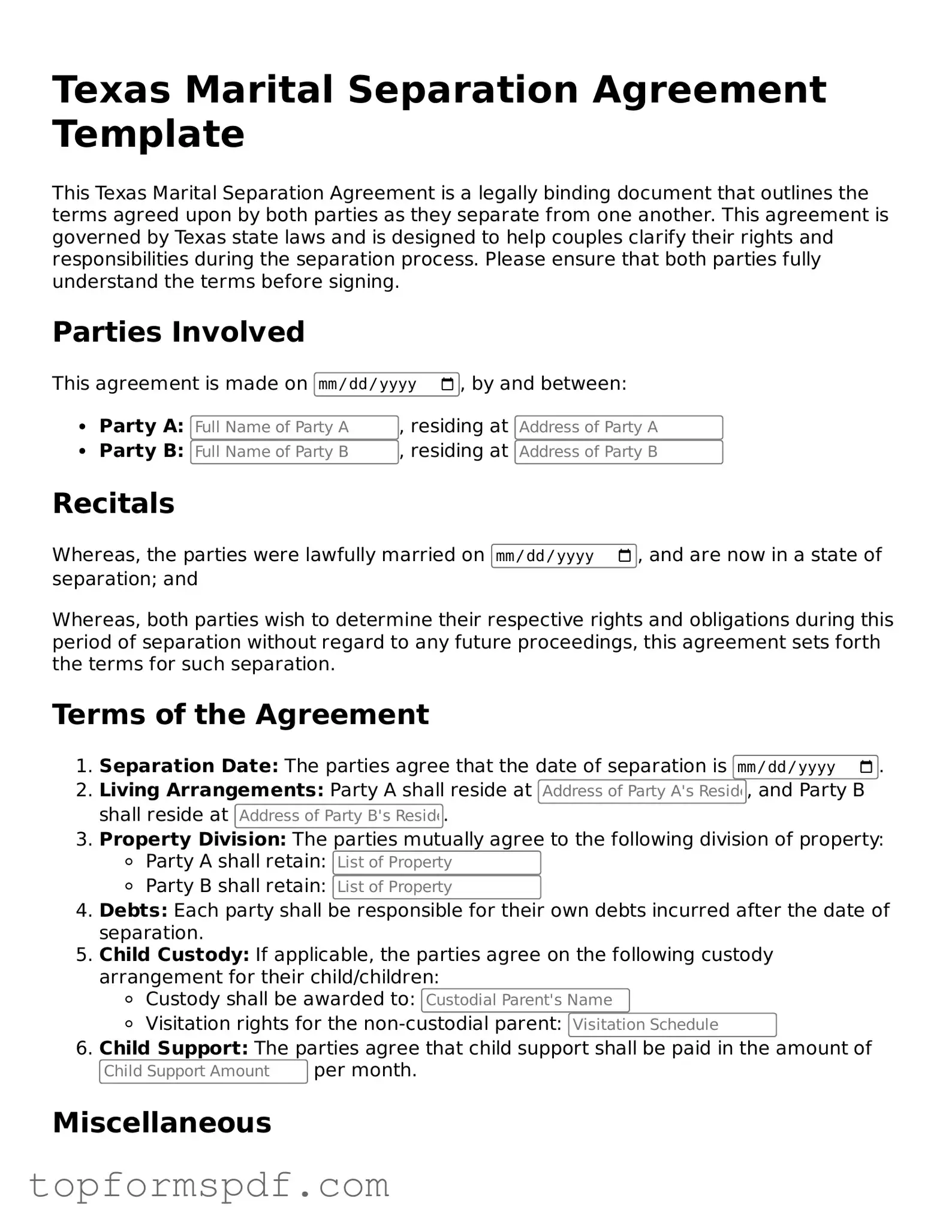 Blank Texas Marital Separation Agreement Template